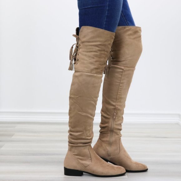 Shoes - Tan Suede Thigh High Flat Boot With Lace Up Back